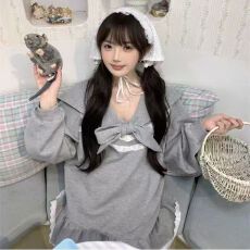 批发已出货可爱少女海军领蝴蝶结绑带荷叶边裙冬季新款宽松加厚卫衣裙