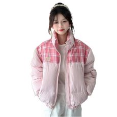 批发已出货025冬季新款韩版拼接格子<b class='q'>立领</b>棉服外套女保暖个性百搭