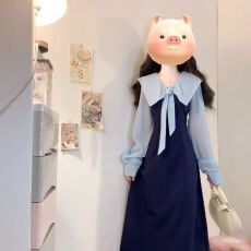 批发已发货 <b class='q'>春</b>秋新款胖MM法式设计感海军领洋气拼接减龄连衣裙
