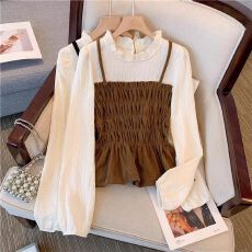 批发咖色甜美圆领<b class='q'>宽松</b>长袖衬衫女秋新款褶皱设计感吊带上衣