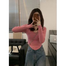 批发辣妹V领修身正肩长袖<b class='q'>t</b><b class='q'>恤</b>女春秋不规则短款上衣