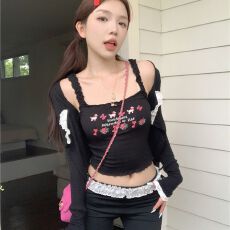 批发辣妹套装刺绣花朵吊带背心<b class='q'>女</b><b class='q'>开衫</b>