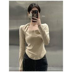批发已出货 方领长袖T恤女装秋季新款不规则收腰修身<b class='q'>上衣</b><b class='q'>打底</b>衫韩