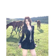 批发已发货 辣妹格纹领带拼接长袖<b class='q'>女</b>春秋上衣蓬蓬花苞半身裤裙套装