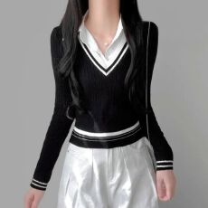 批发已发货 设计感<b class='q'>衬衫</b>领拼接<b class='q'>假两件</b>针织衫女学院风洋气减龄长袖上衣