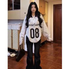 批发已出货 美式竖条纹polo衫宽松<b class='q'>T</b><b class='q'>恤</b>情侣秋男女