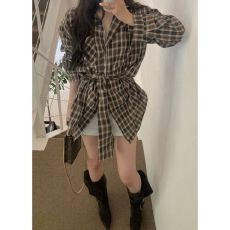 批发韩国chic秋冬新款法式复古翻领绑带收腰显瘦单口袋长袖<b class='q'>格子衬衫</b>女