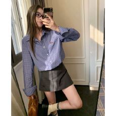批发小狗刺绣<b class='q'>格子衬衫</b>女春秋2025新款韩版叠穿显瘦蓝色长袖衬衣