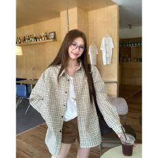 批发秋季慵懒风韩系<b class='q'>格子衬衫</b>长袖polo领衬衣<b class='q'>女装</b>小众百搭宽松开衫上衣