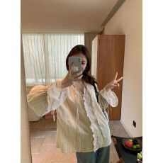 批发已发货 花边抽绳绑带镂空拼接喇叭袖纽扣衬衫