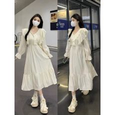 批发已发货 <b class='q'>荷叶边</b>奶油色<b class='q'>连衣裙</b>春秋大码甜美初恋收腰仙女长裙子