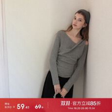 批发已出货 韩系斜领露肩假两件<b class='q'>t</b><b class='q'>恤</b>女秋季新款纯欲斜肩修身上衣