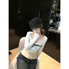 批发已出货 韩系蝴蝶结针织衫女2025新款修身u领打底衫