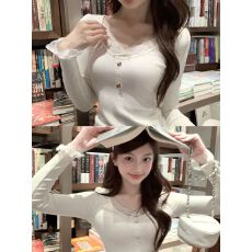 批发已出货 蕾丝百搭长袖修身V领打底衫<b class='q'>T</b><b class='q'>恤</b>内搭上衣早秋白色