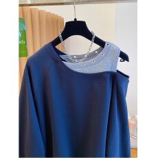 批发已出货 韩版chic假两件斜肩露肩卫衣女冬季宽松显瘦上衣.