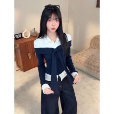 批发已出货 polo翻领假两件长袖<b class='q'>t</b><b class='q'>恤</b>女秋季设计感修身显瘦撞色上衣