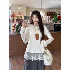 批发已出货 蕾丝花边拼接圆领德绒打底衫女春秋冬内搭长袖<b class='q'>T</b><b class='q'>恤</b>上衣