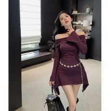 批发已出货 新款法式心机别致设计感百搭一字肩喇叭袖飘带<b class='q'>连衣裙</b>女