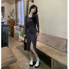 批发已出货 御姐风修身连衣裙小众开叉<b class='q'>裙子</b>紧身长袖包臀裙