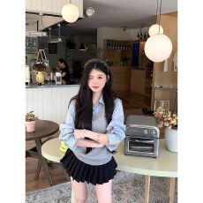 批发已出货 针织拼接长袖<b class='q'>衬衫</b>2025秋季新款<b class='q'>衬衣</b>显瘦<b class='q'>学院风</b>上衣女