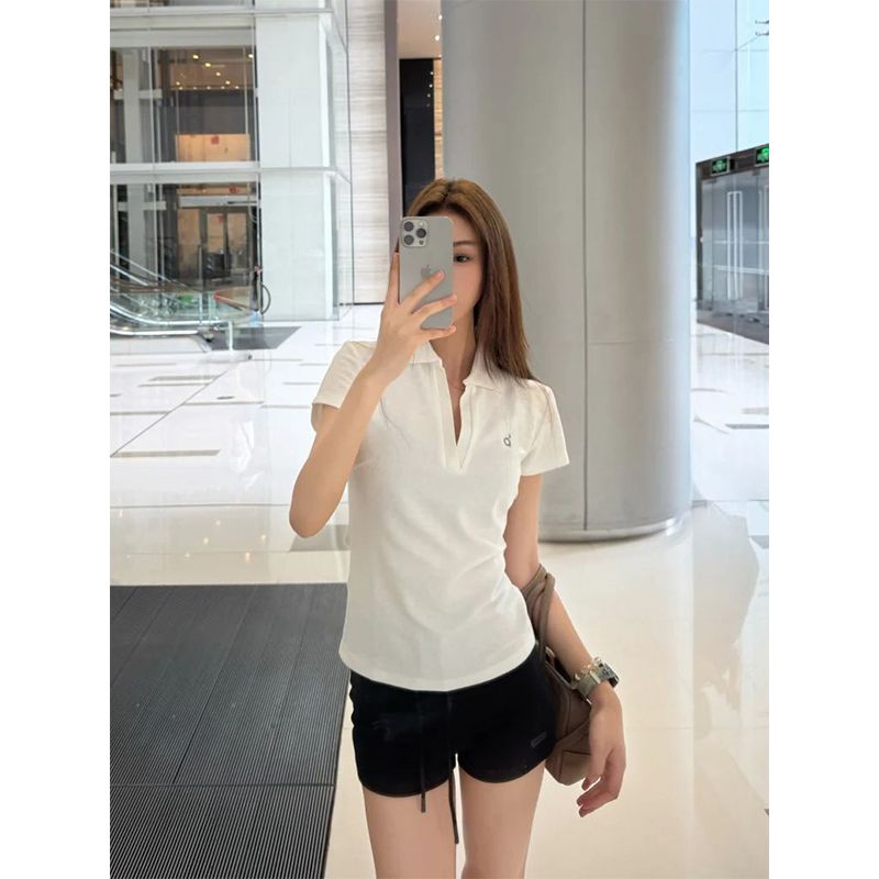 MY14510# 韩系学院风白色polo衫正肩V领短袖t恤女女裝貨源服裝批發
