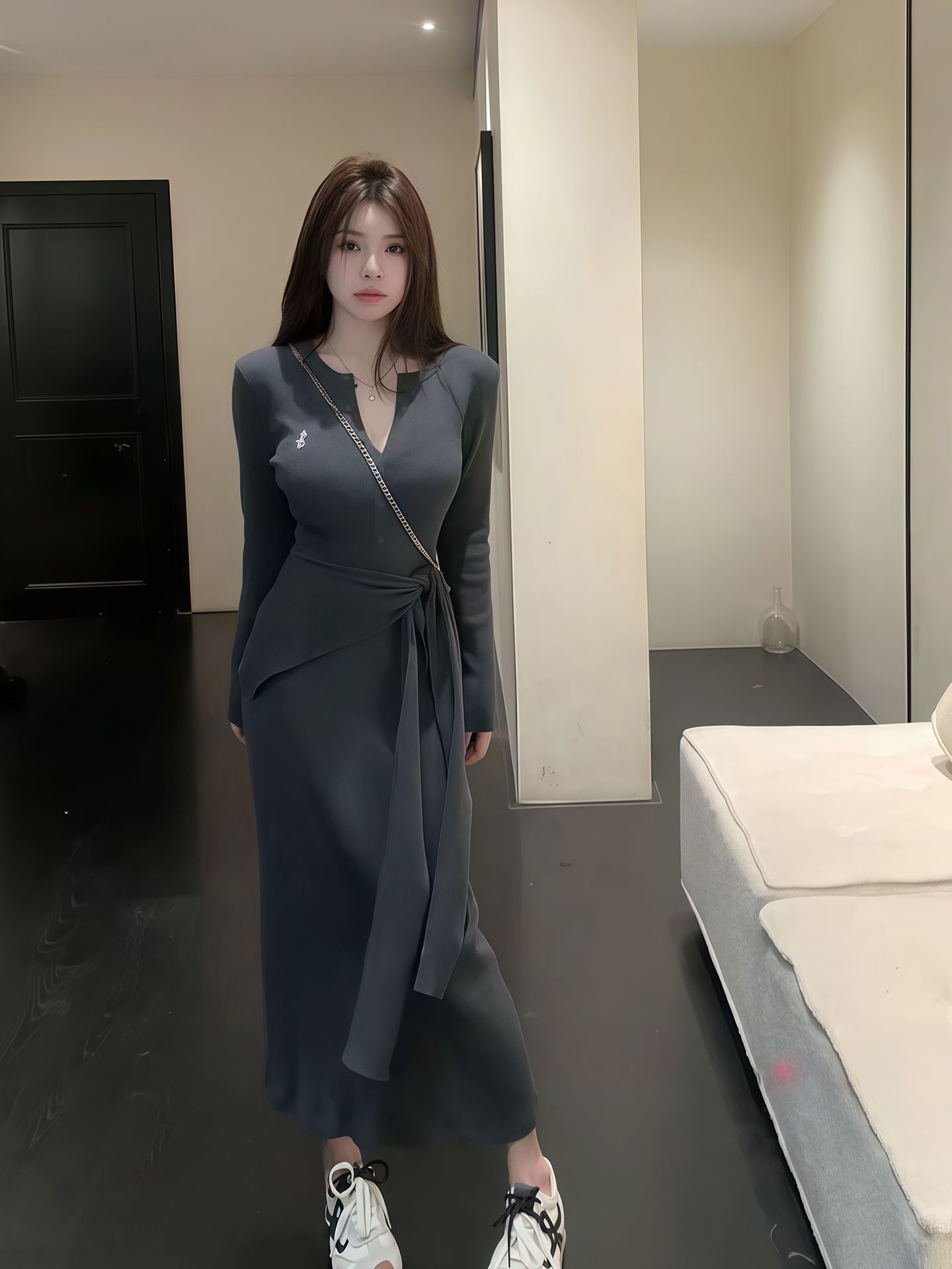 MY14507# 气质绑带披肩连衣裙女新款修身显瘦纯色包臀长裙子女裝貨源服裝批發