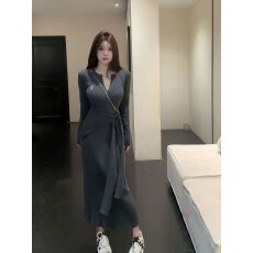 批发已出货 气质绑带披肩连衣裙女早秋新款修身显瘦纯色包臀长<b class='q'>裙子</b>