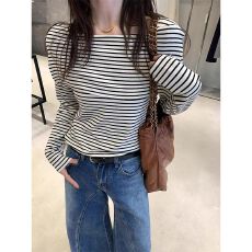 批发已发货 一字肩修身小衫短款条纹长袖<b class='q'>T</b><b class='q'>恤</b>女