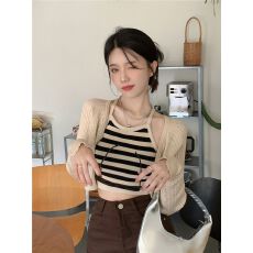 批发已出货 时尚套装女<b class='q'>夏</b>设计感小众条纹吊带背心针织开衫两件套