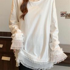 批发已出货 <b class='q'>甜美</b>风蕾丝拼接白色长袖T恤打底衫上衣