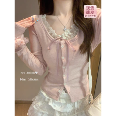 批发已出货 假两件粉色蕾丝拼接长袖T恤女纯欲内搭上衣