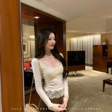 批发已出货 蕾丝v领针织衫女<b class='q'>秋</b>季纯欲辣妹显瘦打底上衣