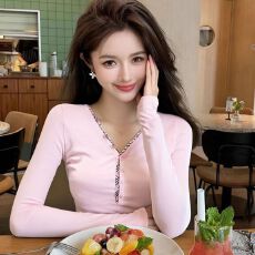 批发已出货 半开领长袖t恤女秋冬纯欲bm风修身内搭打底衫设计感上衣