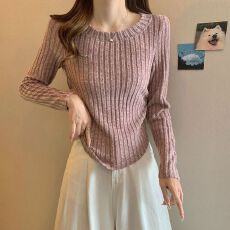 批发已出货 纯色打底衫新款女秋季内搭胖mm修身显瘦不规则长袖针织衫