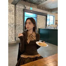 已出货 拼接长袖T恤女秋冬新款绑带小衫小众修身格子上衣