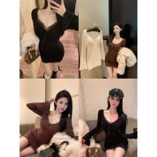 批发已出货 法式V领长袖连衣裙女2025新款设计感<b class='q'>蕾丝</b>包臀打底<b class='q'>短裙</b>