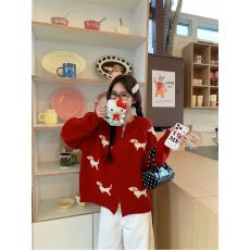 批发已出货 小狗图案双拉链<b class='q'>毛衣</b>外套<b class='q'>女</b>装秋冬别致百搭宽松上衣针织衫