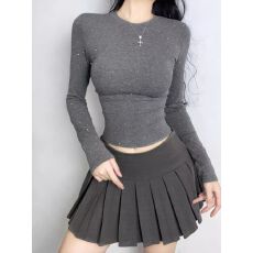 批发已出货 烫钻圆领收腰显瘦长袖正肩<b class='q'>T</b><b class='q'>恤</b>女<b class='q'>短款</b>打底衫上衣