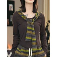 已出货 连帽长袖撞色拼接T恤女百搭上衣