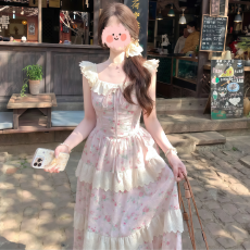 批发已出货 <b class='q'>甜美</b>小飞袖碎花连衣裙女夏季温柔风公主裙收腰蓬蓬连衣裙