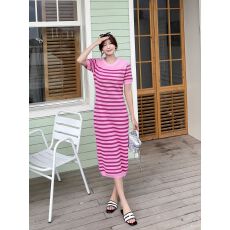 批发已出货 韩版甜美辣妹短袖圆领收腰显瘦中长款条纹针织包臀连衣<b class='q'>裙</b>