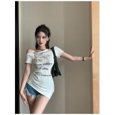 批发罗纹 美式中<b class='q'>长款</b>不规则印花露肩短袖<b class='q'>t</b><b class='q'>恤</b>