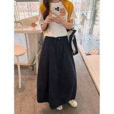 批发韩系休闲藏青色高腰大摆半身裙女春松紧腰显瘦遮胯<b class='q'>中长款</b> A 字伞