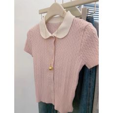 批发甜美风粉色撞色<b class='q'>娃娃领</b>短袖针织开衫女夏麻花纹显瘦短款上衣