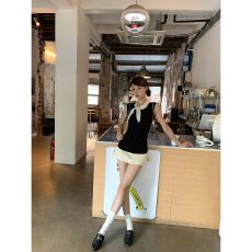 批发黑色波点飘带无袖背心女夏修身显瘦设计感小众气质上衣