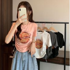 批发粉色星球印花抽绳<b class='q'>短袖</b> 美式复古风显瘦短款上衣女