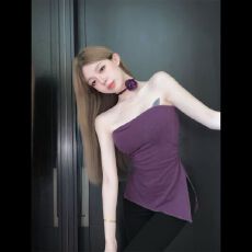 批发紫色玫瑰挂脖抹胸上衣 纯欲风修身显瘦无袖背心女