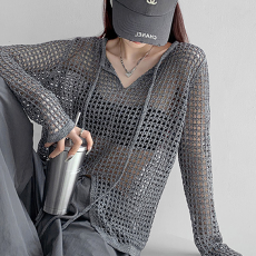 批发宽松镂空针织设计感<b class='q'>长袖</b>上衣女春夏季新款开叉防晒罩衫小众上衣潮