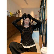 批发黑色波点<b class='q'>蕾丝</b>拼接长袖 T 恤 甜美蝴蝶结减龄显瘦上衣