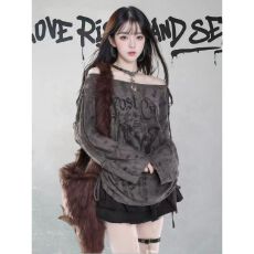 批发美式破洞斜肩针织衫女春秋款Y2K露肩罩衫<b class='q'>防晒</b>上衣